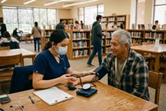 Nurse checking a man's blood pressure at a library