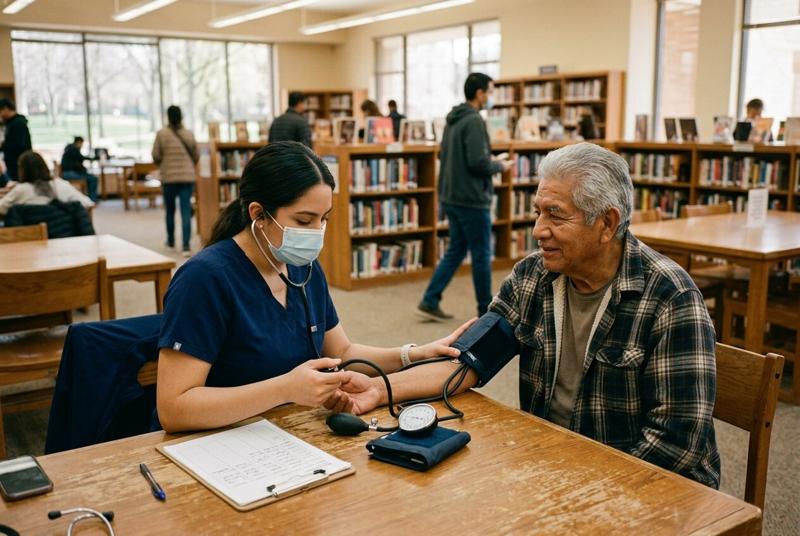 A nurse in a face mask checks the blood pressure of an older man at a library table