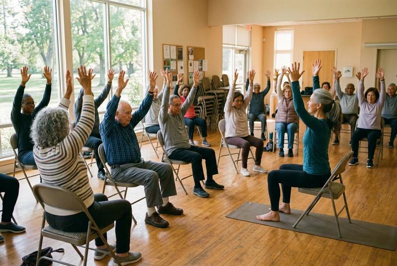 Older adults in a sunny community center raise their arms overhead during a seated chair yoga class