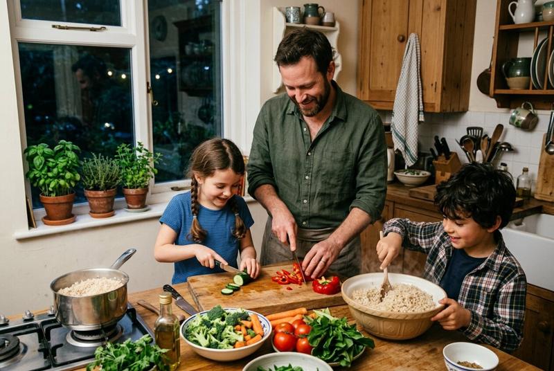 A father and two children chop vegetables together in a home kitchen with a pot of brown rice on the stove