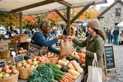 Shopper buying apples at a fall farm stand