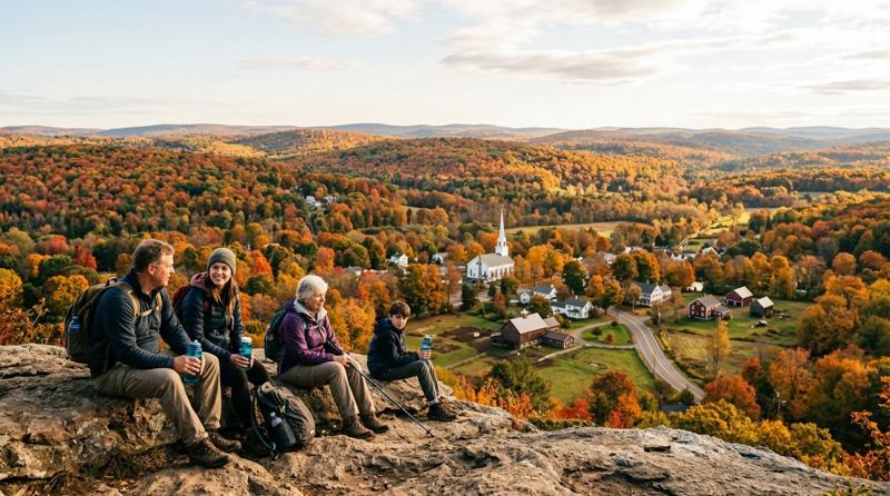 Hikers of different ages rest on a rock ledge above a Connecticut valley of red and gold fall foliage