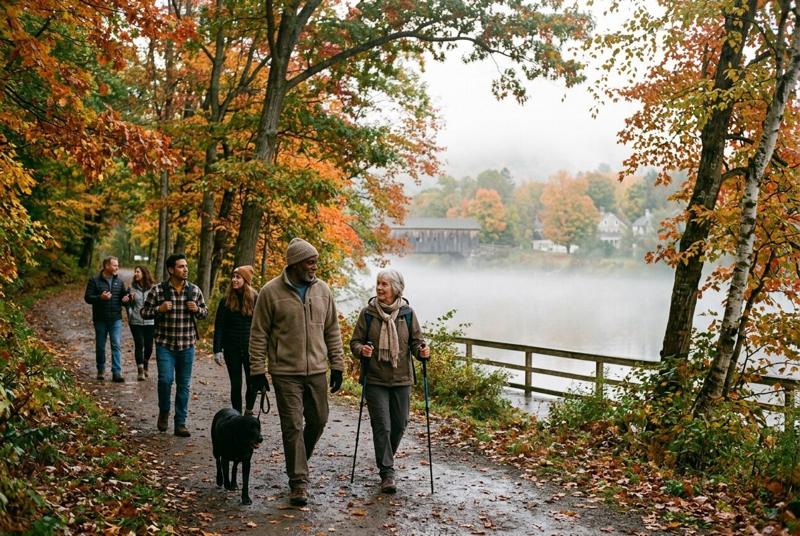 Walkers of all ages, one with a dog and one with walking poles, on a misty riverside path lined with fall foliage