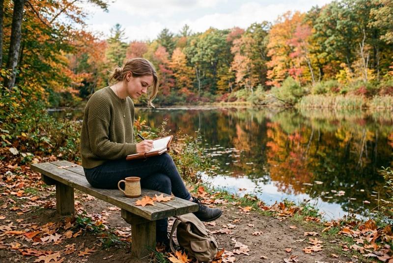 A young woman writes in a journal on a wooden bench beside a still pond reflecting fall foliage